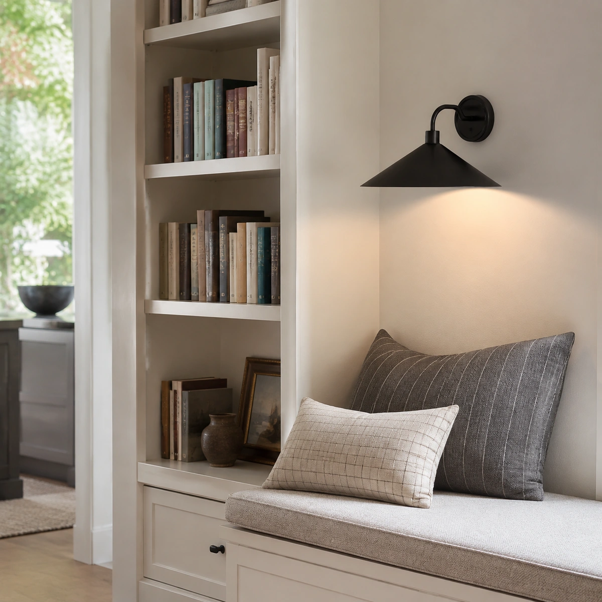 Rhett Vintage Metal Cone Bedroom Wall Lamp in a reading nook