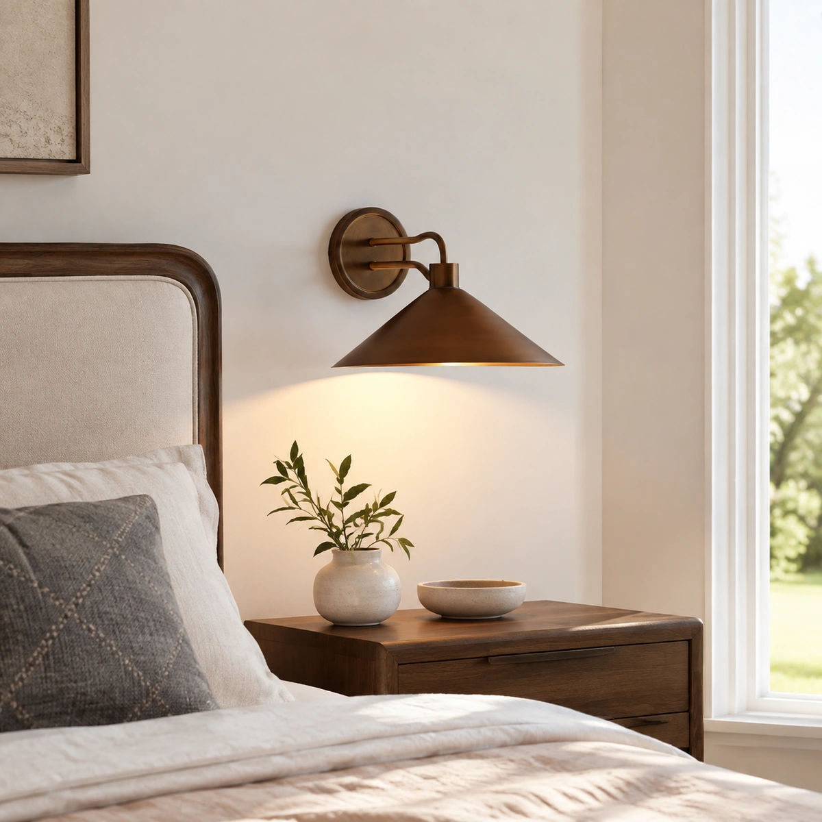 Rhett Vintage Metal Cone Bedroom Wall Lamp in a bedroom