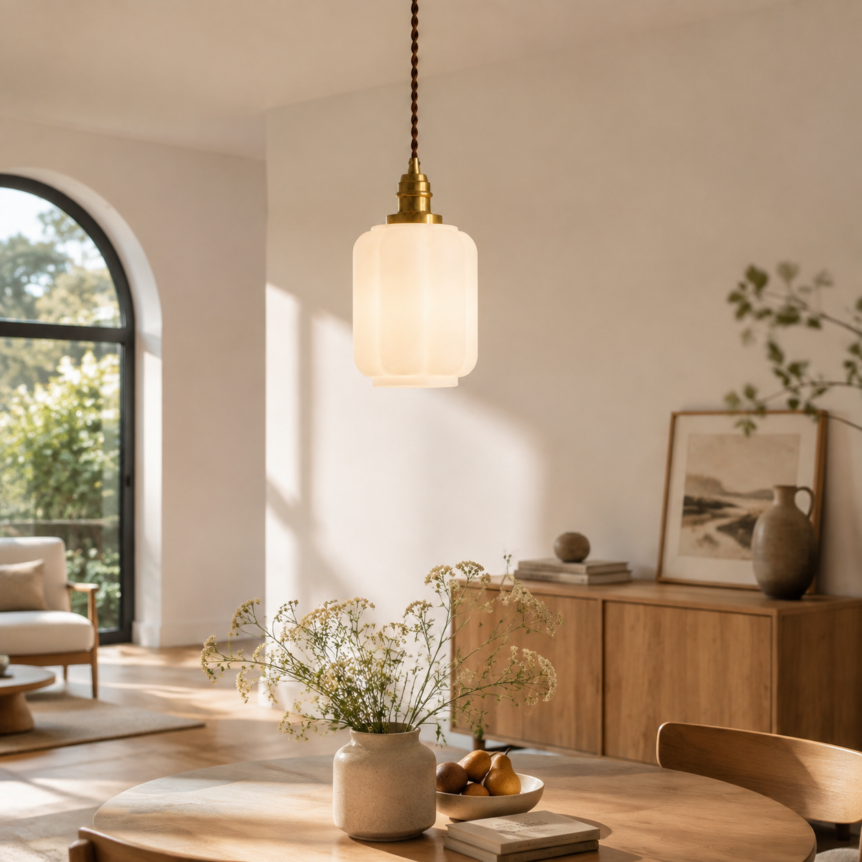 Julian Minimalist Milk Glass Lantern Dining Room Pendant Light in Kitchen island