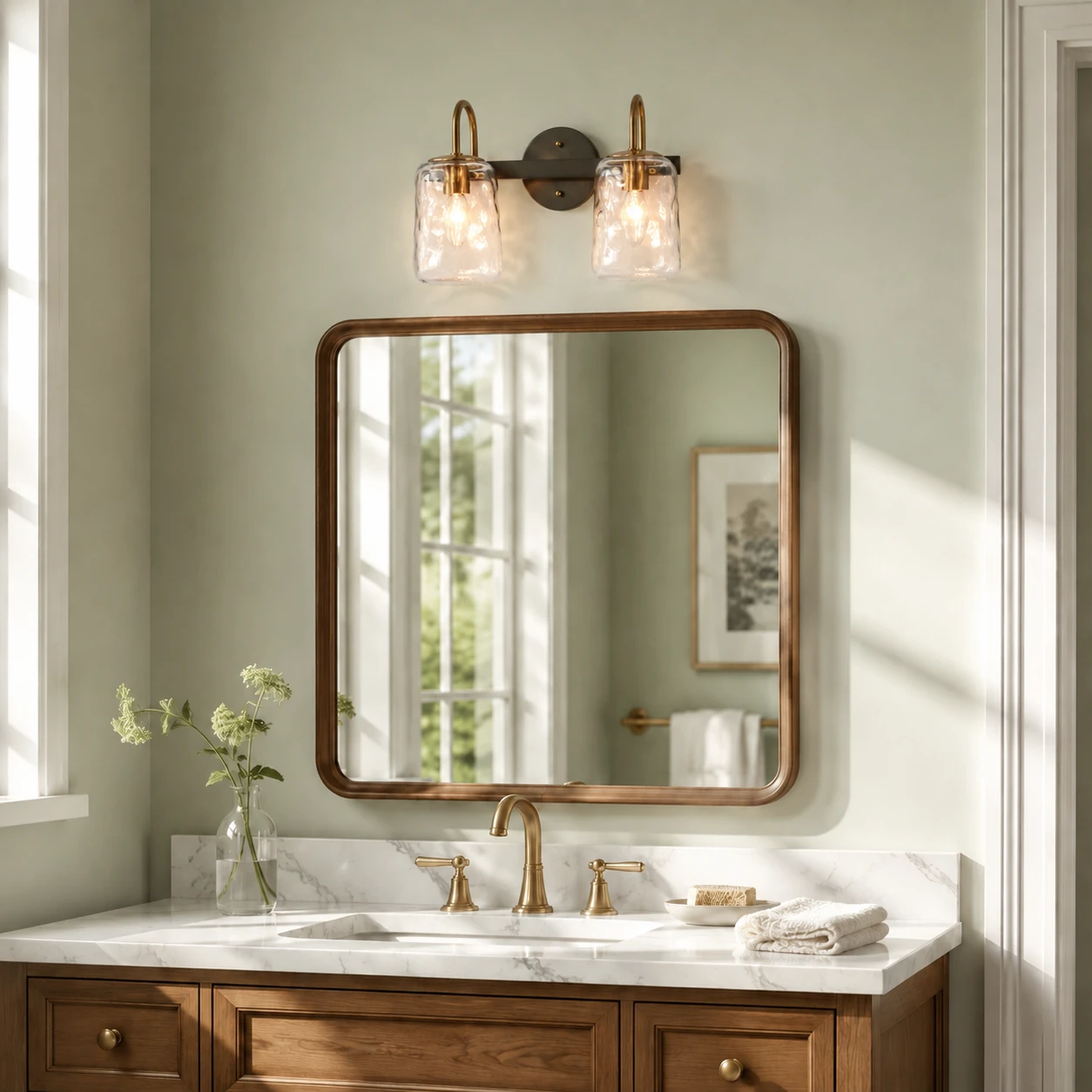 Two-light Blythe wall sconce above a sage bathroom vanity