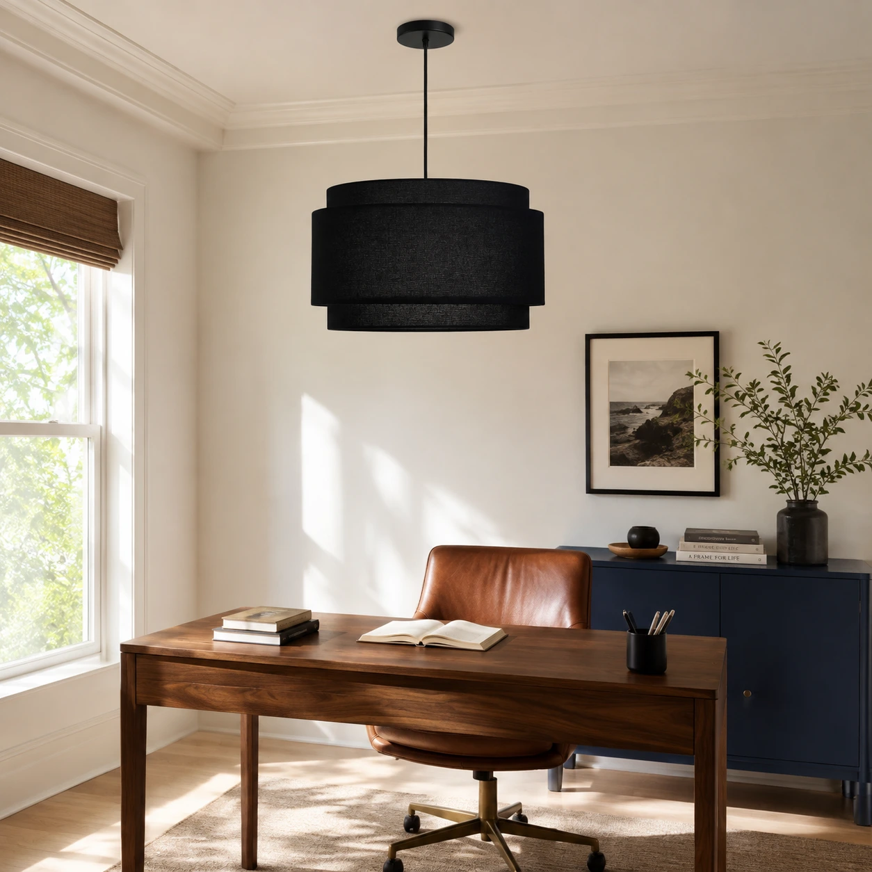 Black Hayden pendant in a bright walnut home office