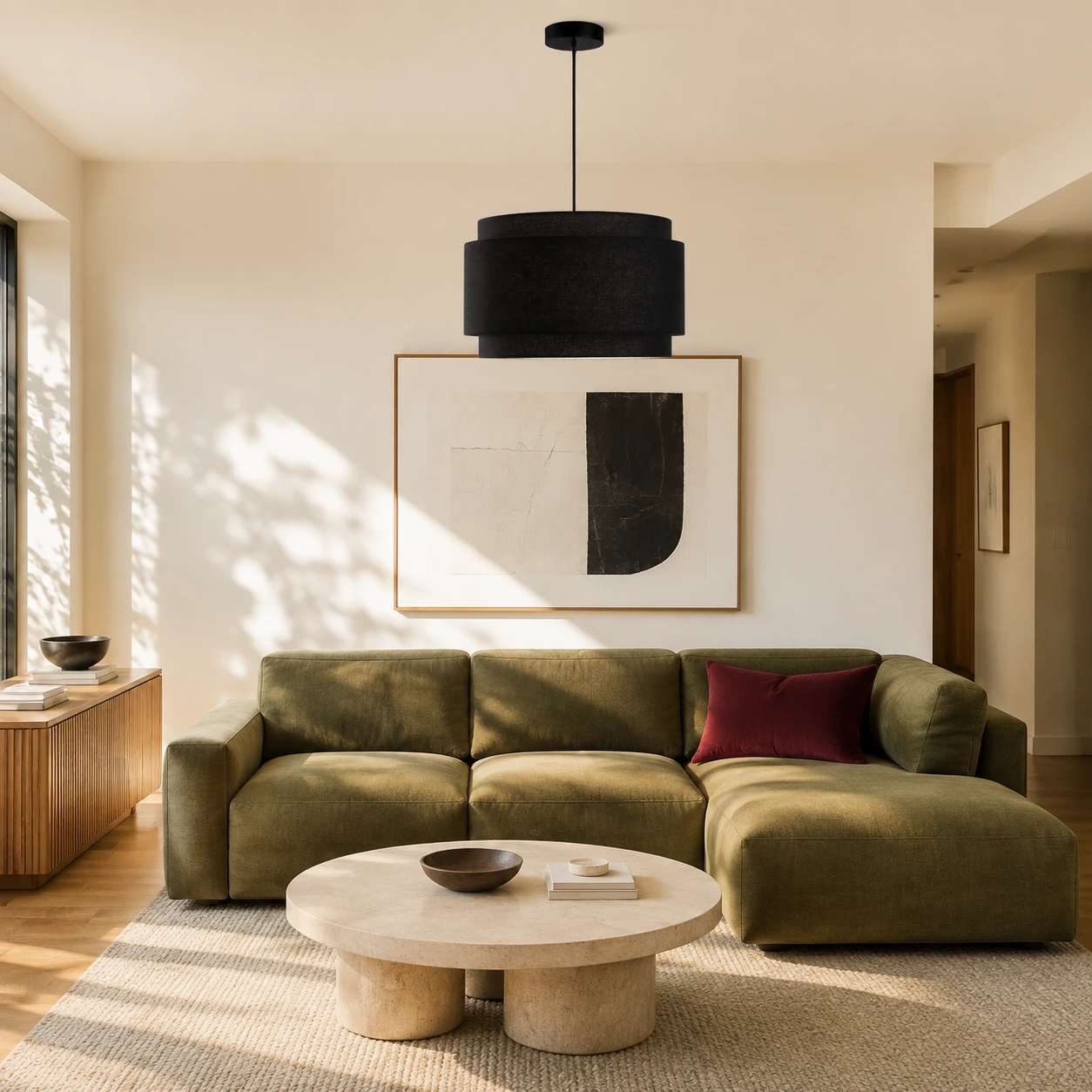 Black Hayden pendant in a sunlit olive living room