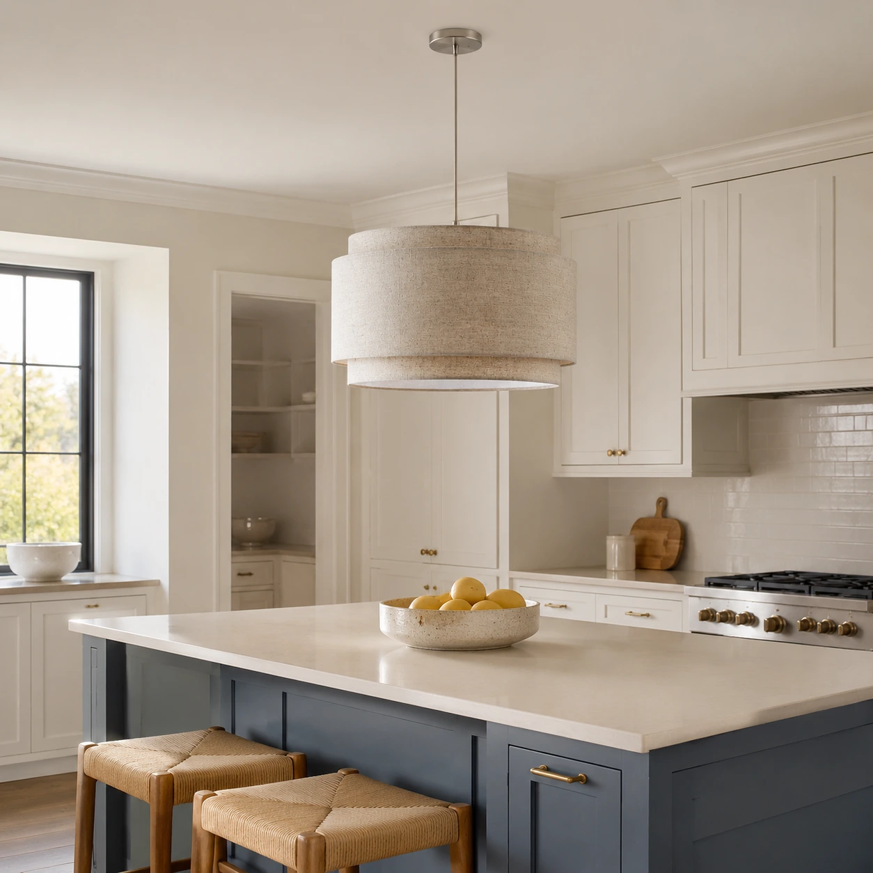 Natural Hayden pendant above a blue kitchen island
