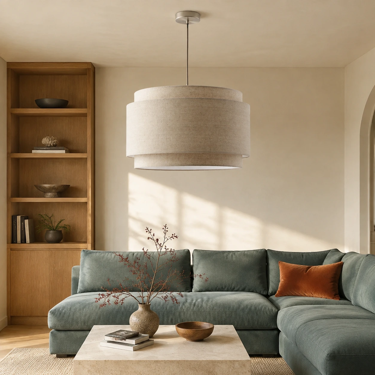 Natural Hayden pendant in a bright teal-accent living room