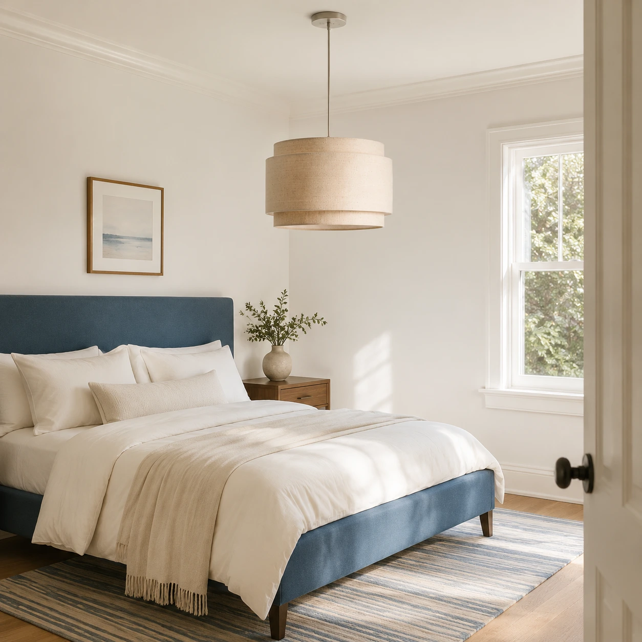 Natural Hayden pendant in a bright blue-accent bedroom