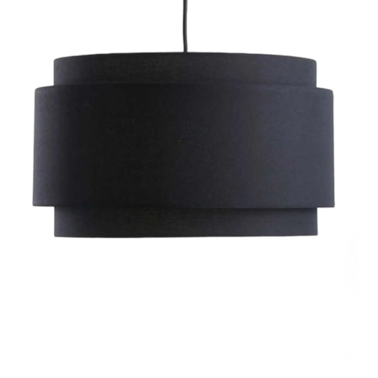 Black Hayden three-tier linen drum pendant on white