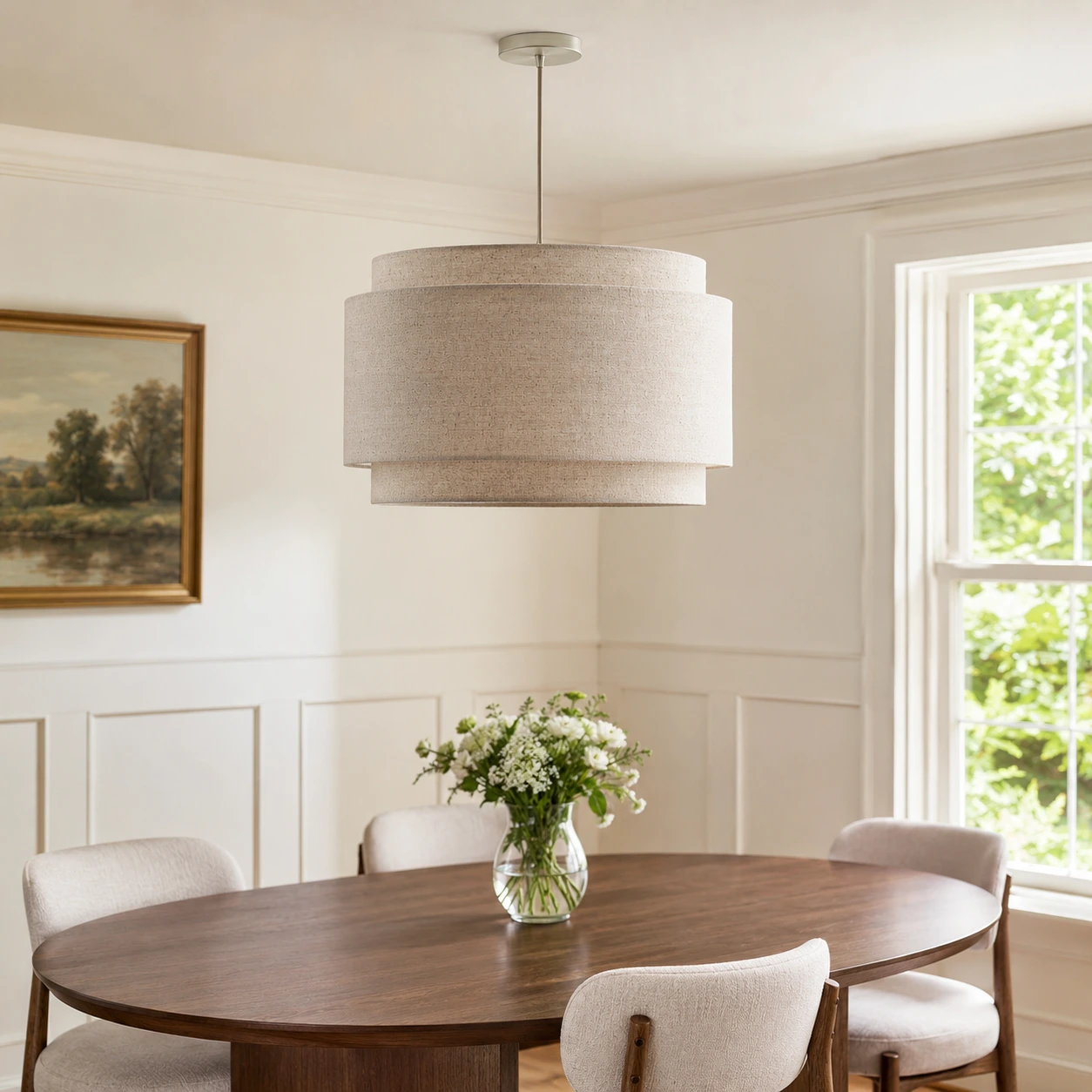 Natural Hayden pendant above an oval walnut dining table