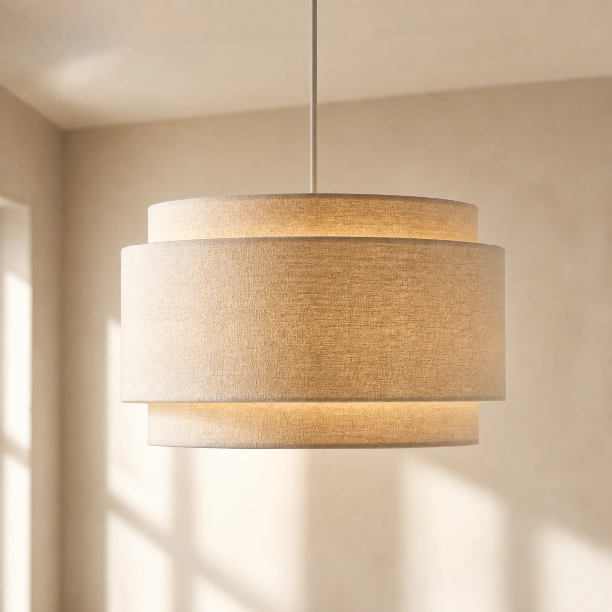 Hayden natural linen drum pendant with a warm glow