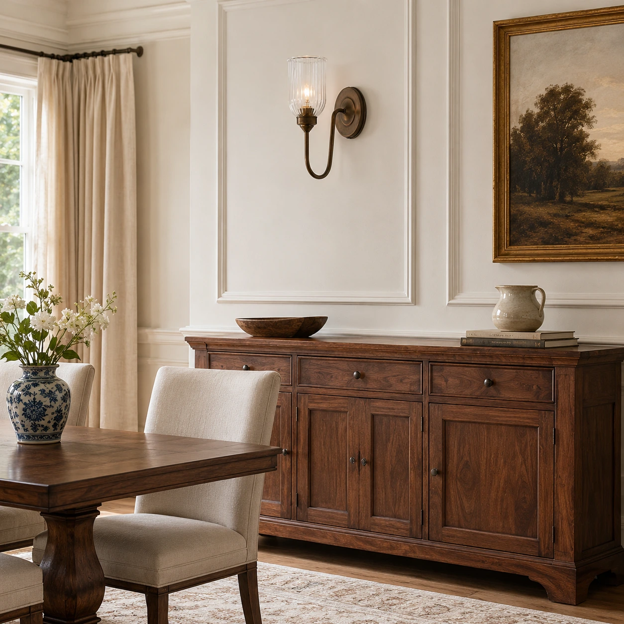 Menae Burnished Brass wall sconce above a dining room sideboard