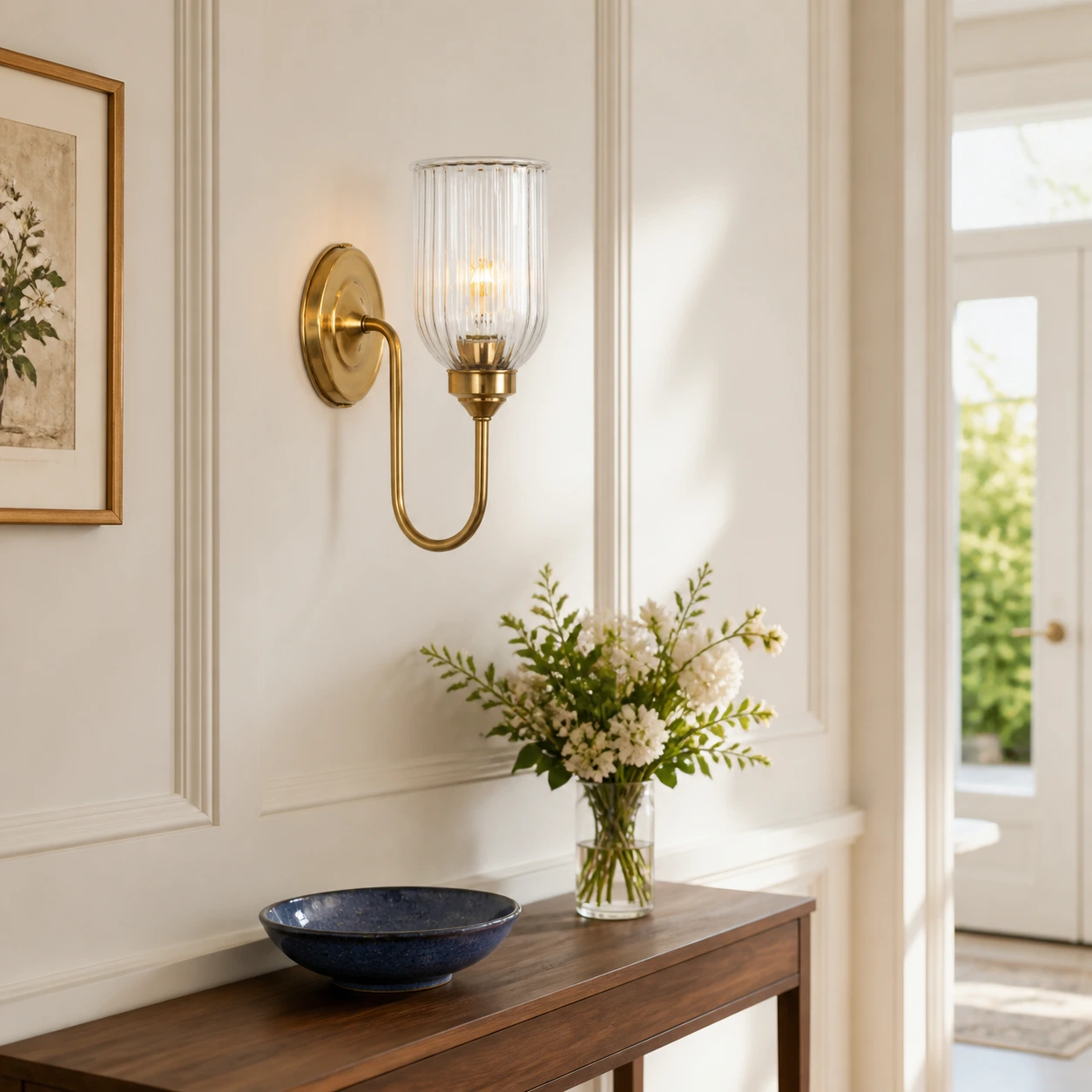 Menae Antique Brass wall sconce above a walnut foyer console