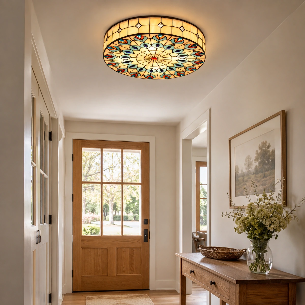 Cerise 4-Light Vintage Tiffany Stained Glass Ceiling Light in Entry hall