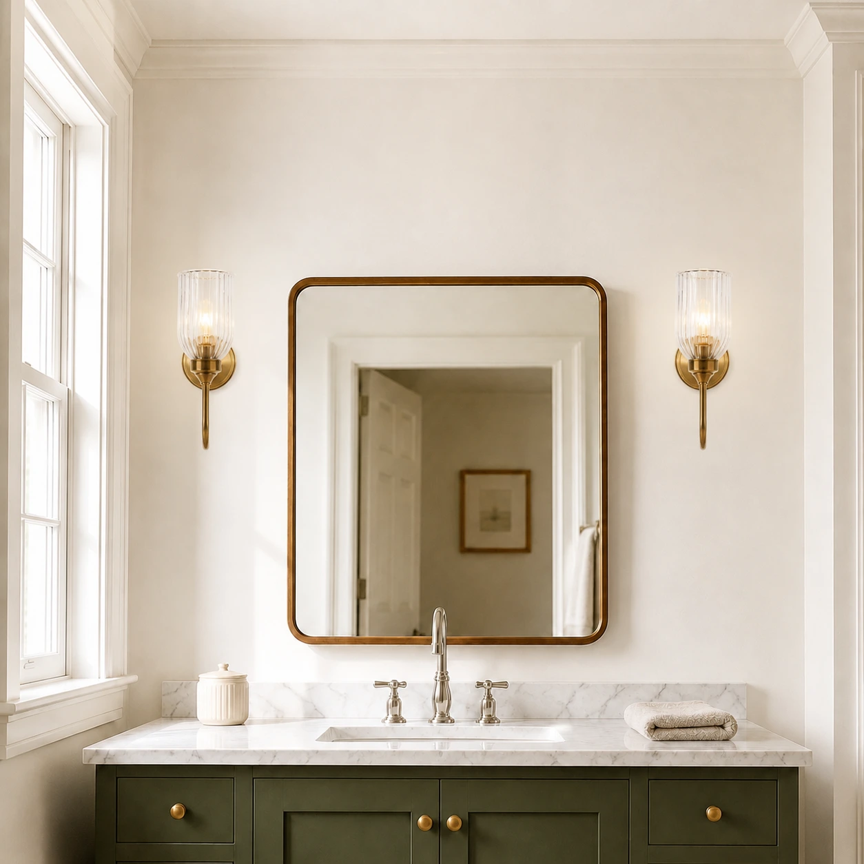 A matched pair of Menae Antique Brass wall sconces flanking a vanity mirror