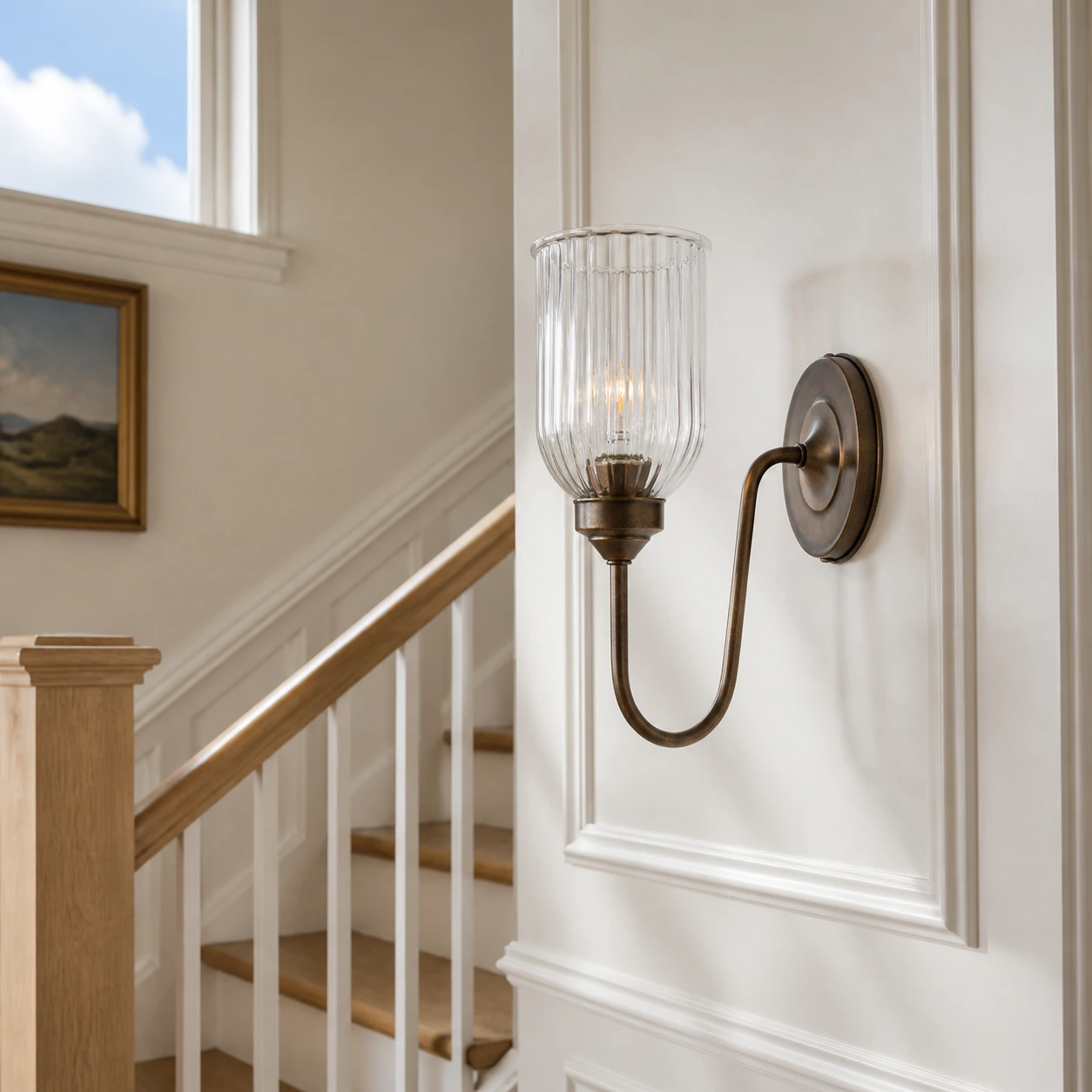Menae Burnished Brass wall sconce at a bright stair landing