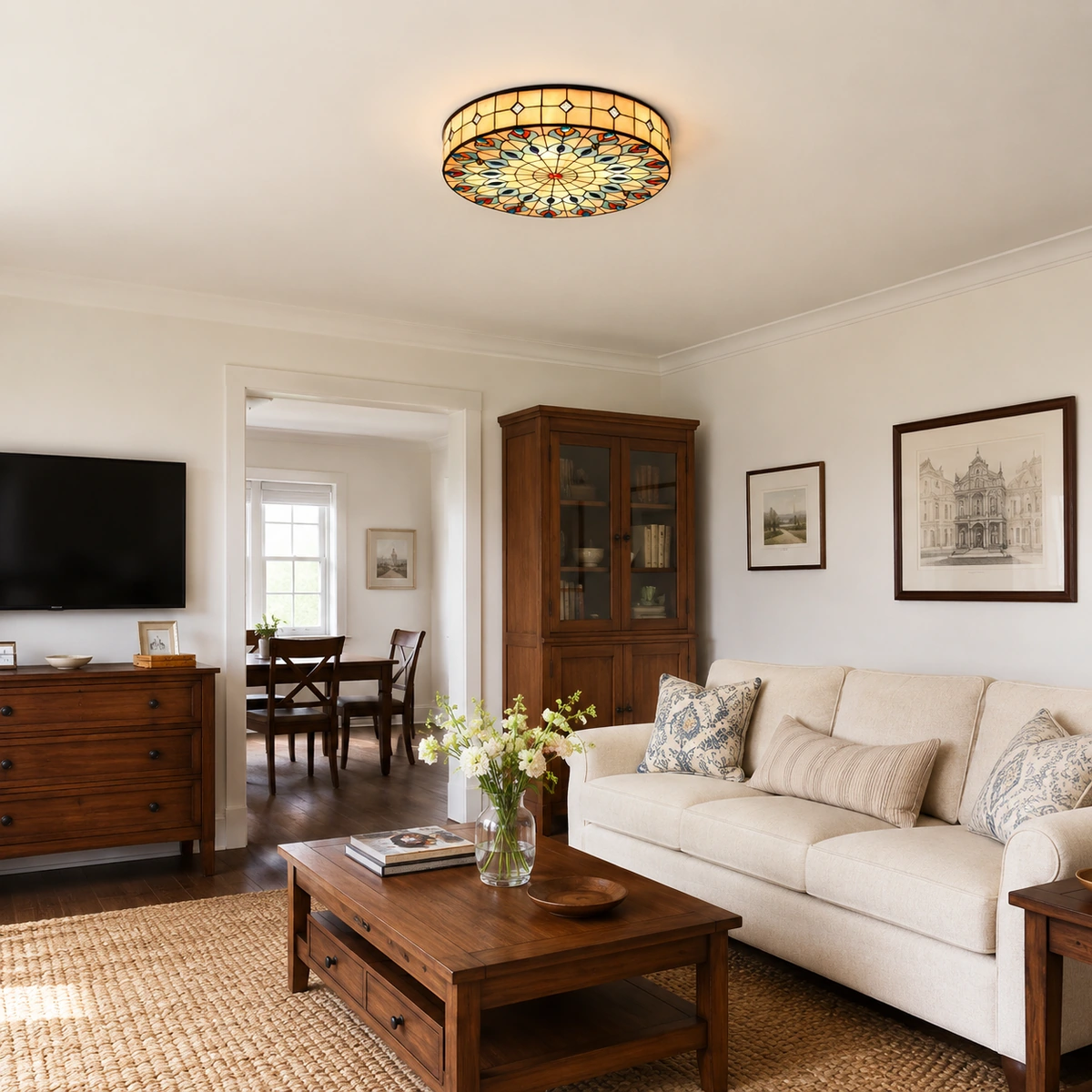 Cerise 4-Light Vintage Tiffany Stained Glass Ceiling Light in Living room
