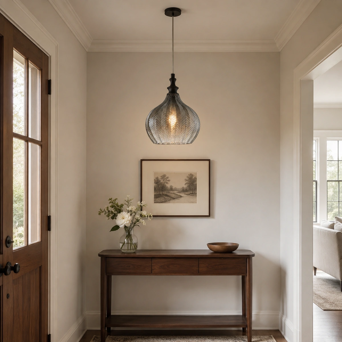 Lampa wisząca Callan Modern Ribbed Glass w kształcie łzy w konsoli wejściowej - kolor dymny