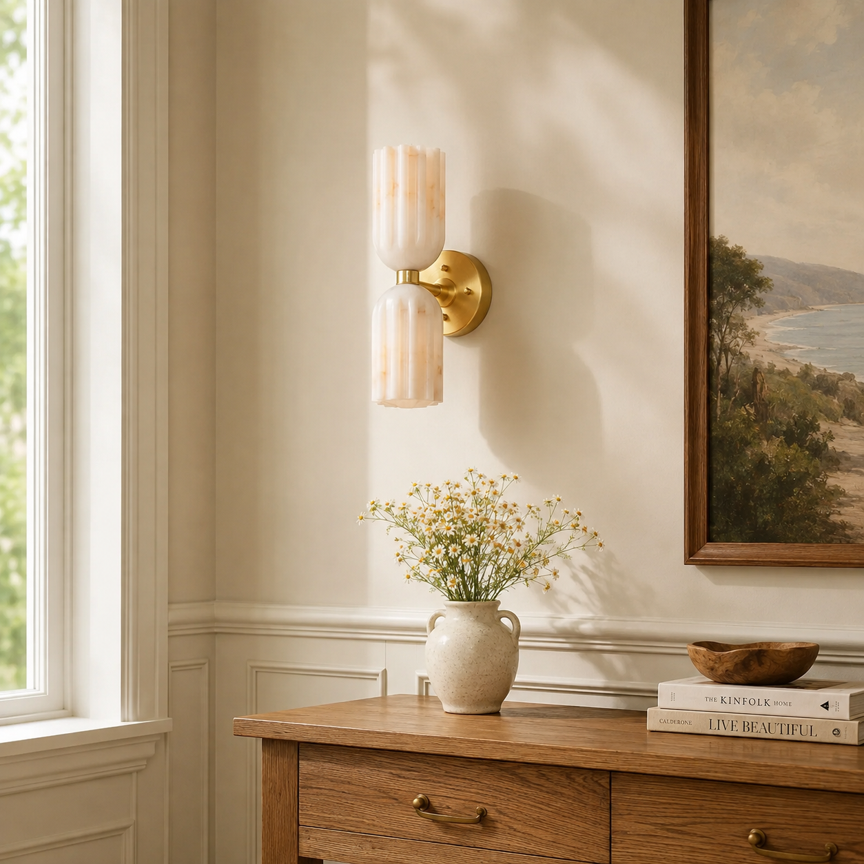 Sealed Brass Lysander wall sconce beside a bed