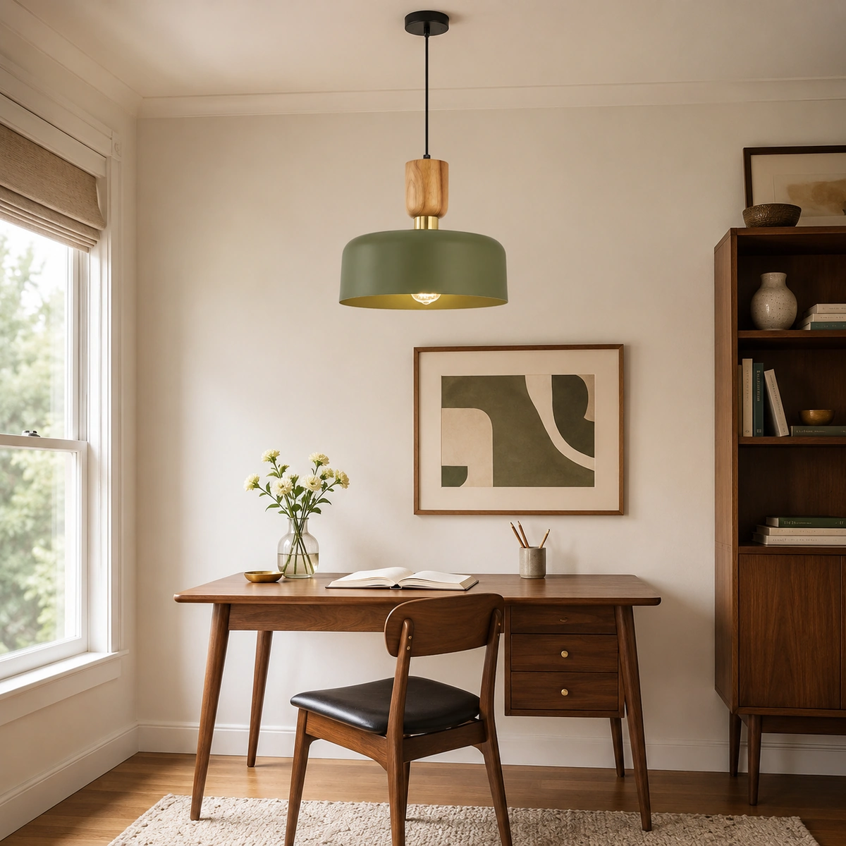 One-layer deep-green Praeth pendant in a home office