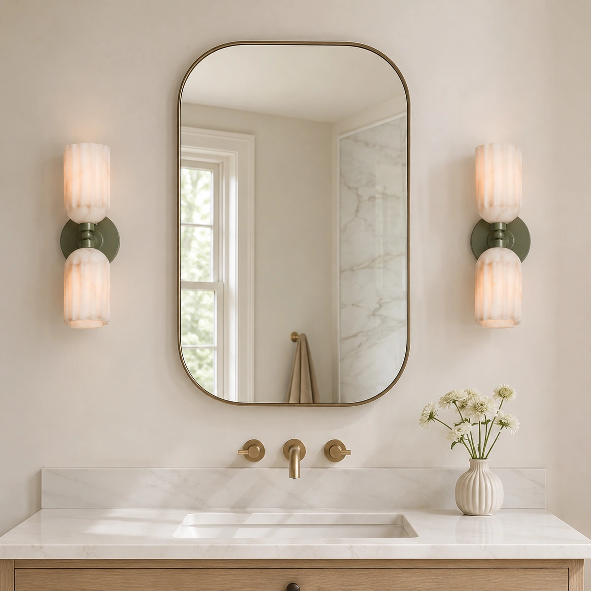 Olive Green Lysander wall sconces beside a vanity mirror