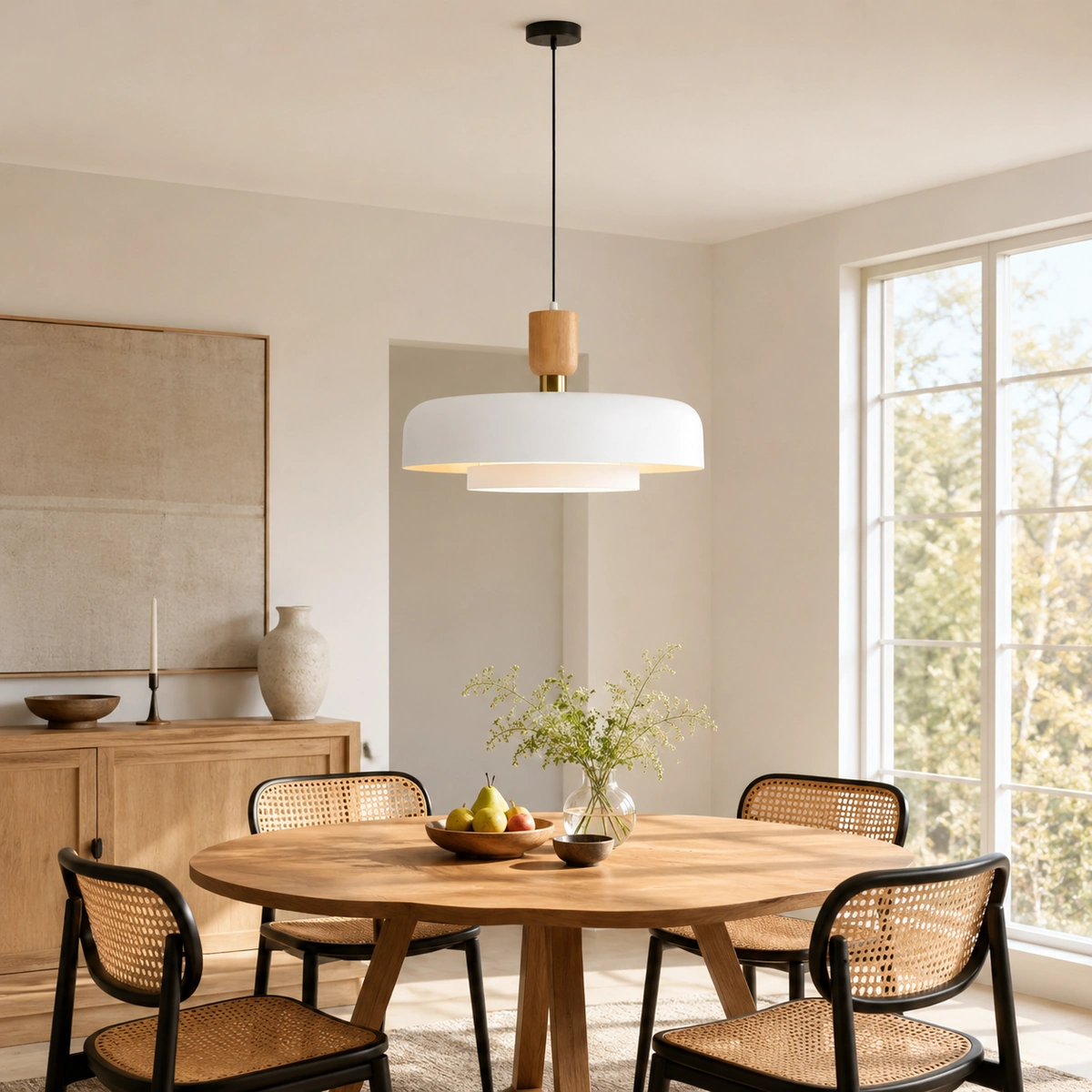 Two-layer matte-white Praeth pendant above a dining table