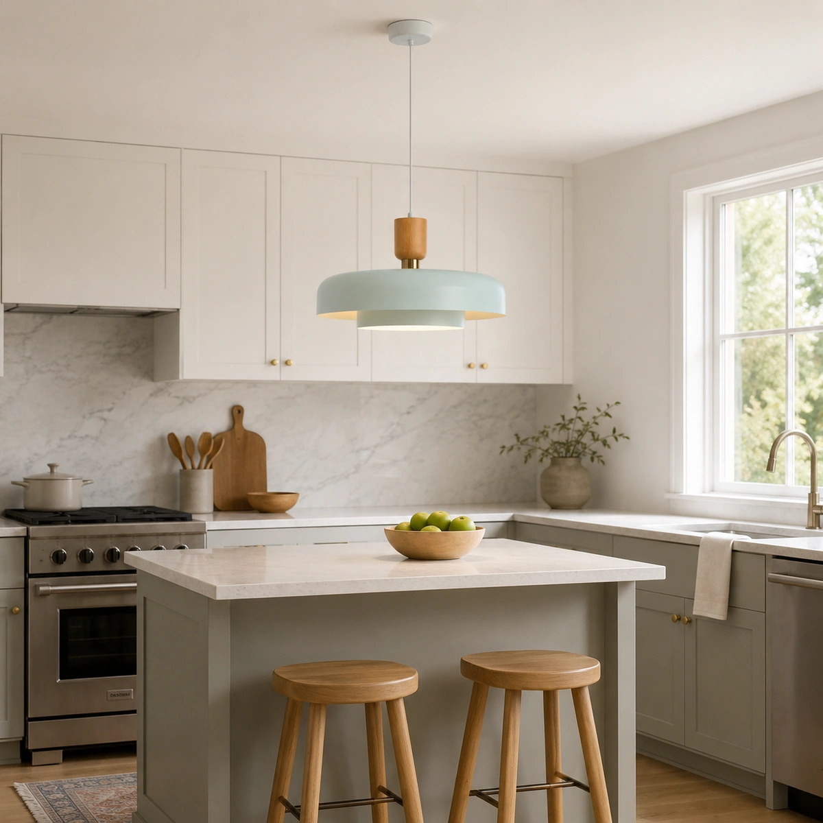 Two-layer light-blue Praeth pendant above a kitchen island