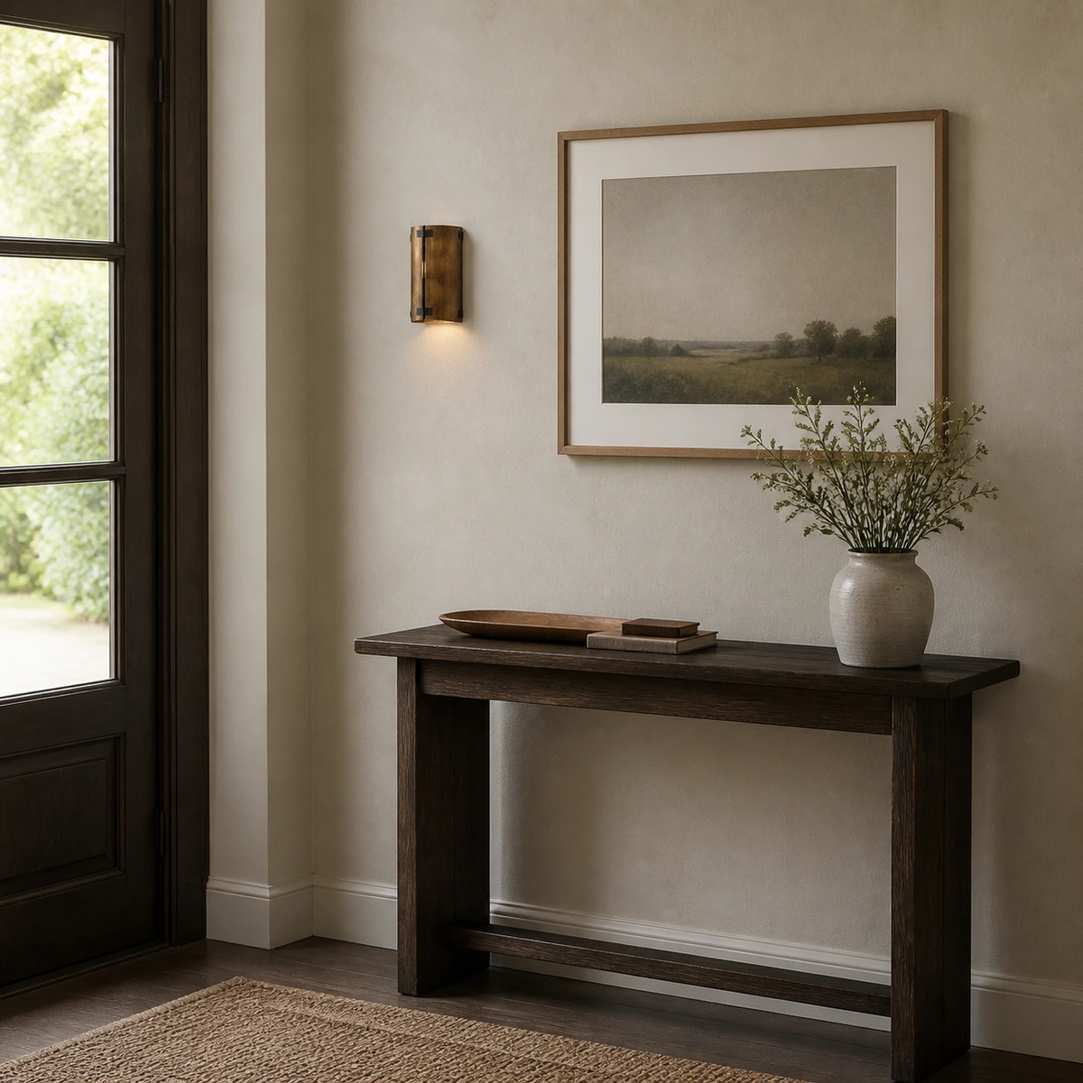 Hale Rustic Bronze Curved Metal Soft Glow Bedroom Wall Sconce in Entry console