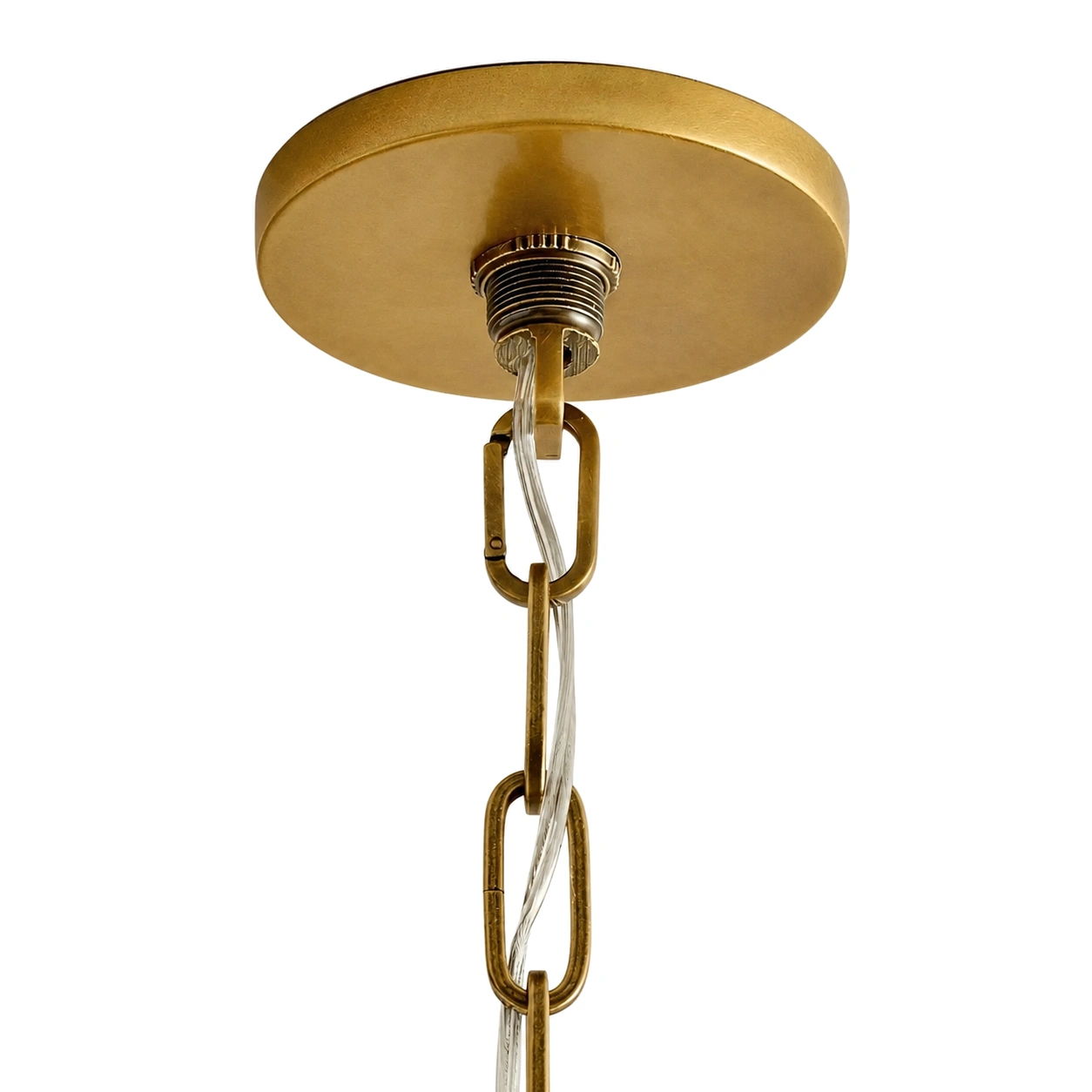 Close view of the Mirenna brass canopy, chain and clear cord