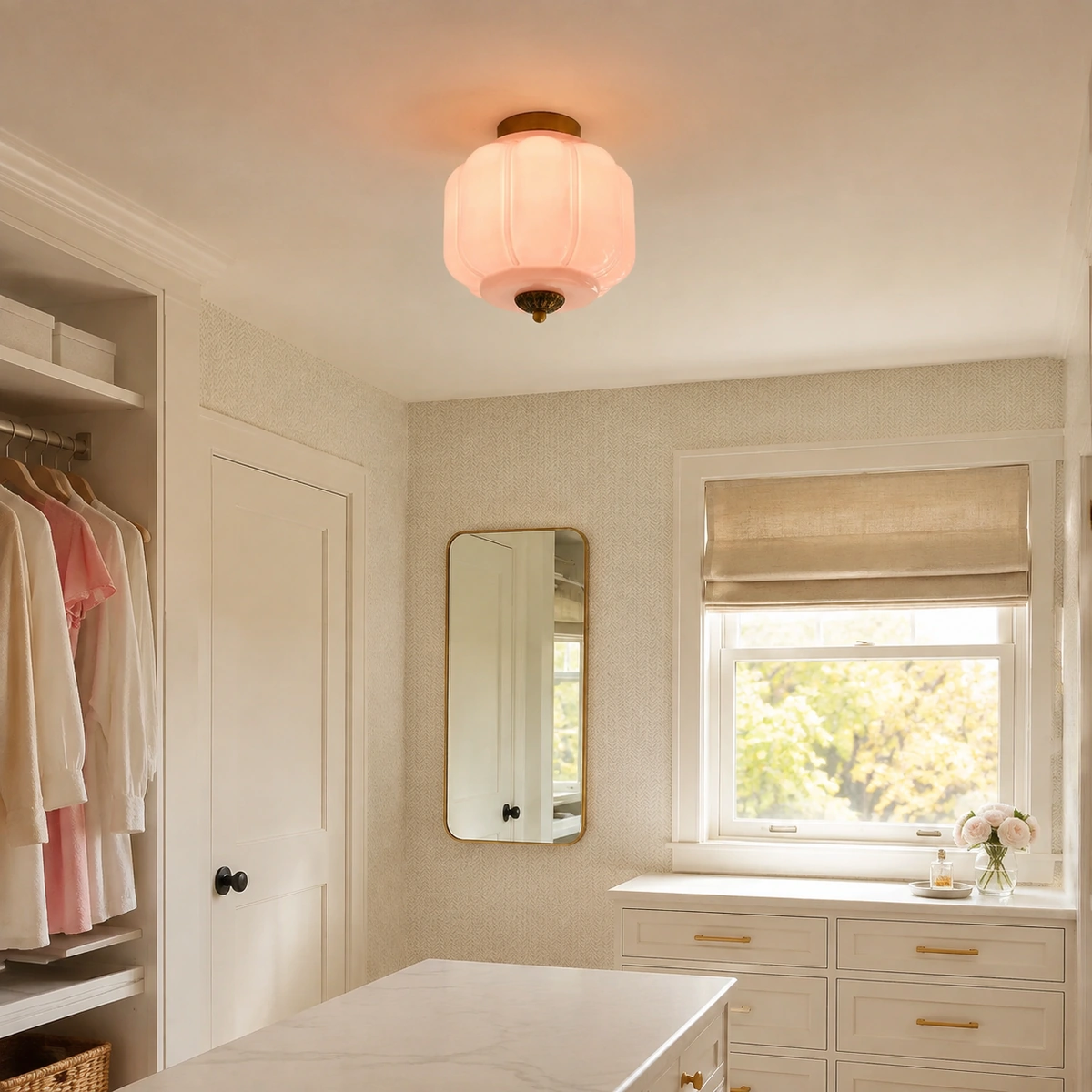 Karen Vintage Cream Glass Lantern Eloise Dining Room Ceiling Light in a Dressing Room