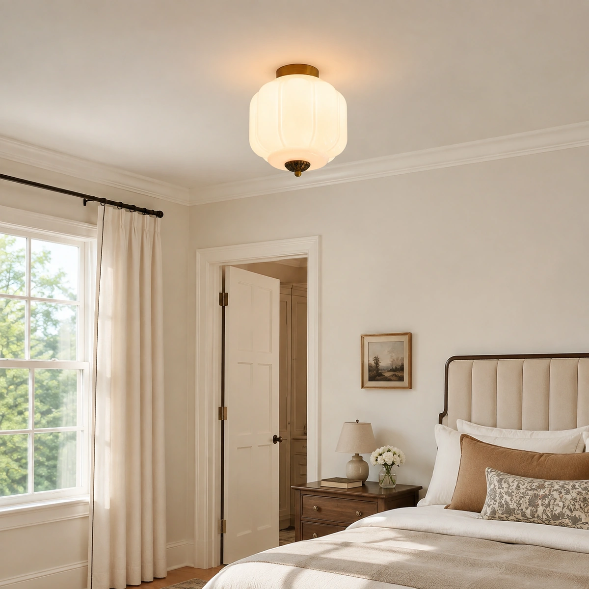 Karen Vintage Cream Glass Lantern Eloise Dining Room Ceiling Light in a Bedroom