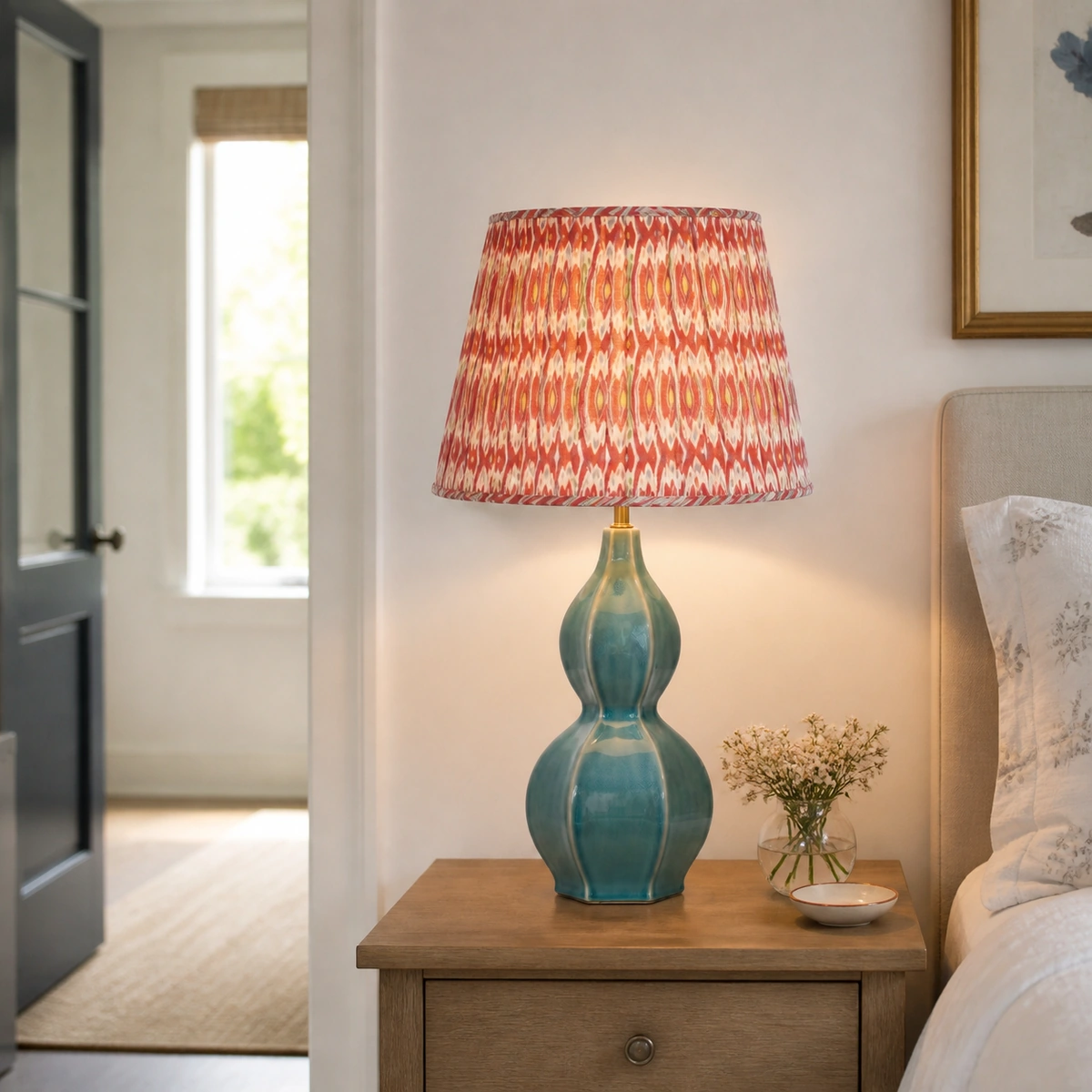 Delia Modern Artistic Green Gourd Lamp Ceramic Linen Fabric Table Lamp in a Bedroom