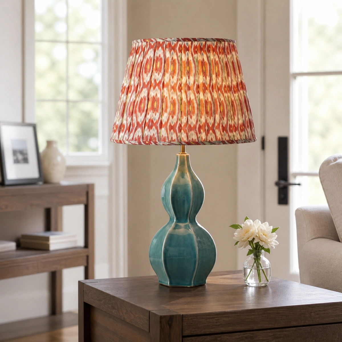 Delia Modern Artistic Green Gourd Lamp Ceramic Linen Fabric Table Lamp in a Living Room