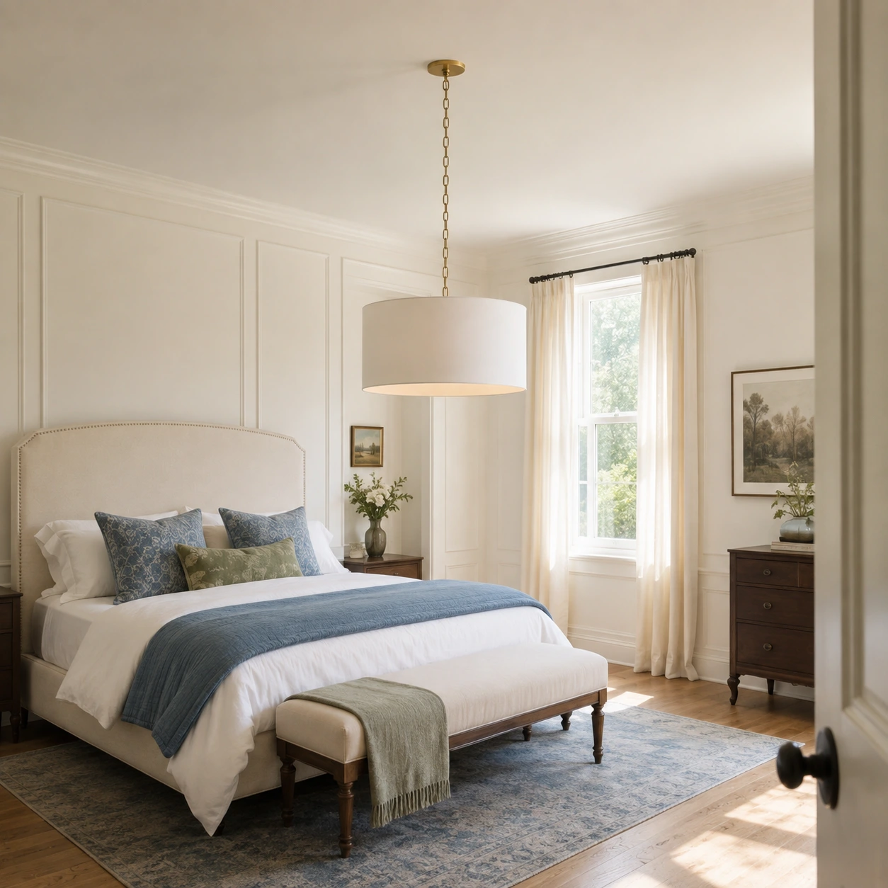 Mirenna 24-inch pendant used as the central ceiling light in a bright bedroom