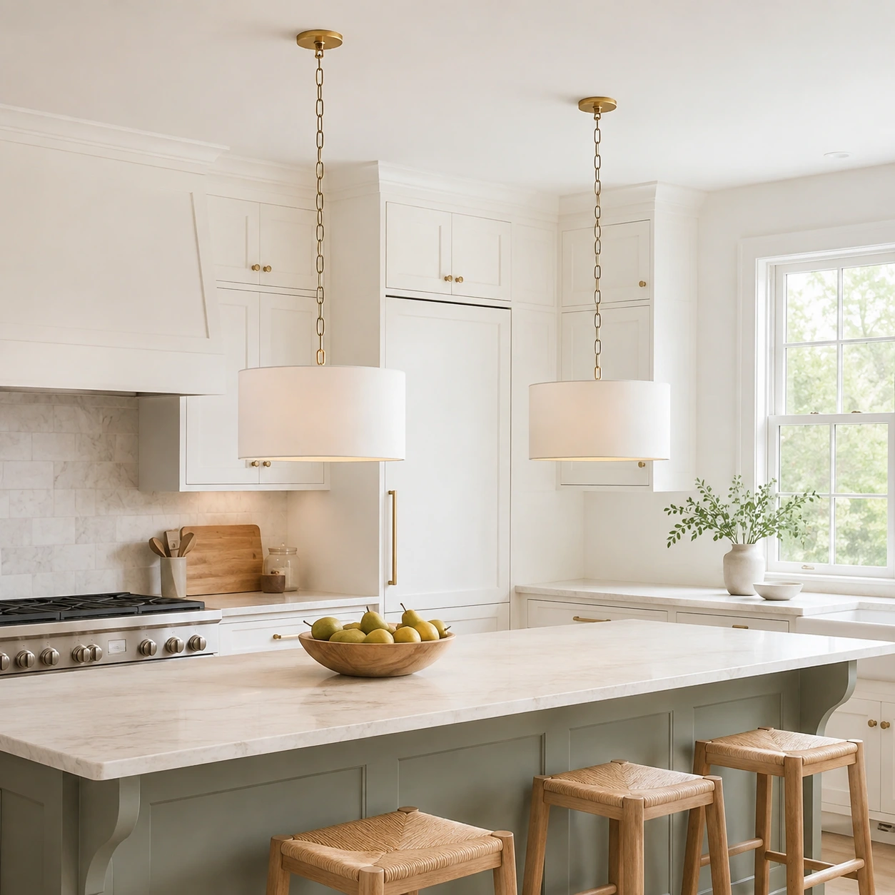 Pair of Mirenna pendants above a bright kitchen island