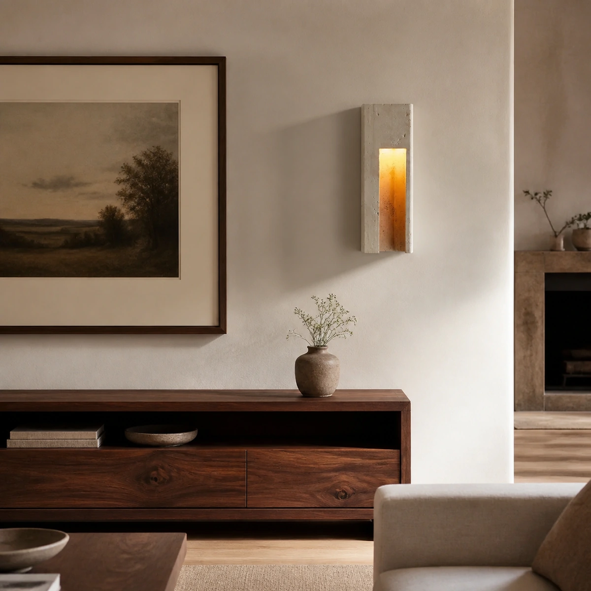 Zoey Minimalist Indoor-Outdoor Travertine Patio Wall Sconce in Living room - Ivory