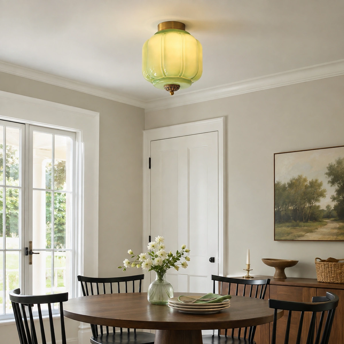 Karen Vintage Cream Glass Lantern Eloise Dining Room Ceiling Light in a Dining Room