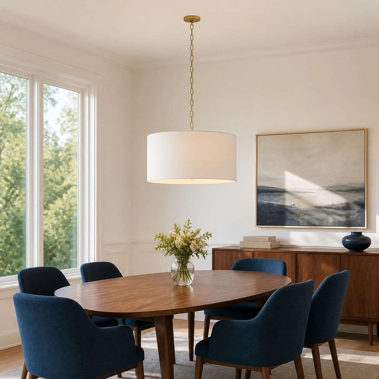 Mirenna pendant above an oval walnut dining table