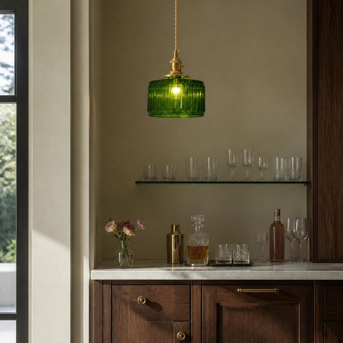 Lucent Vintage Adjustable Clear Glass Dining Room Pendant Light in Wet bar - Green