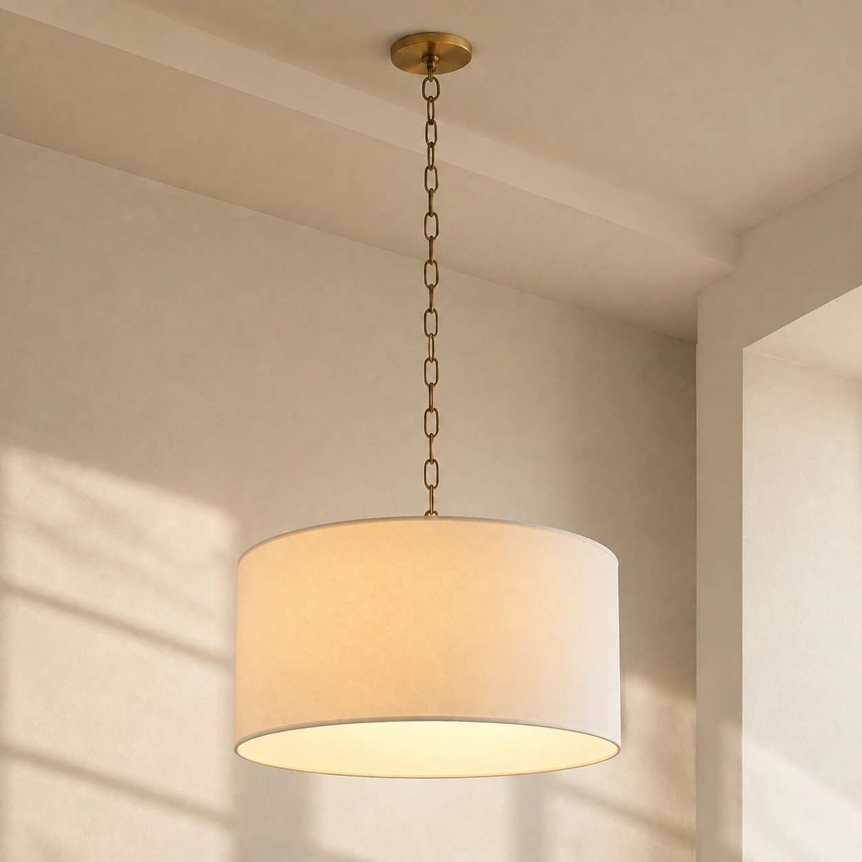 Mirenna white linen drum pendant with a warm glow