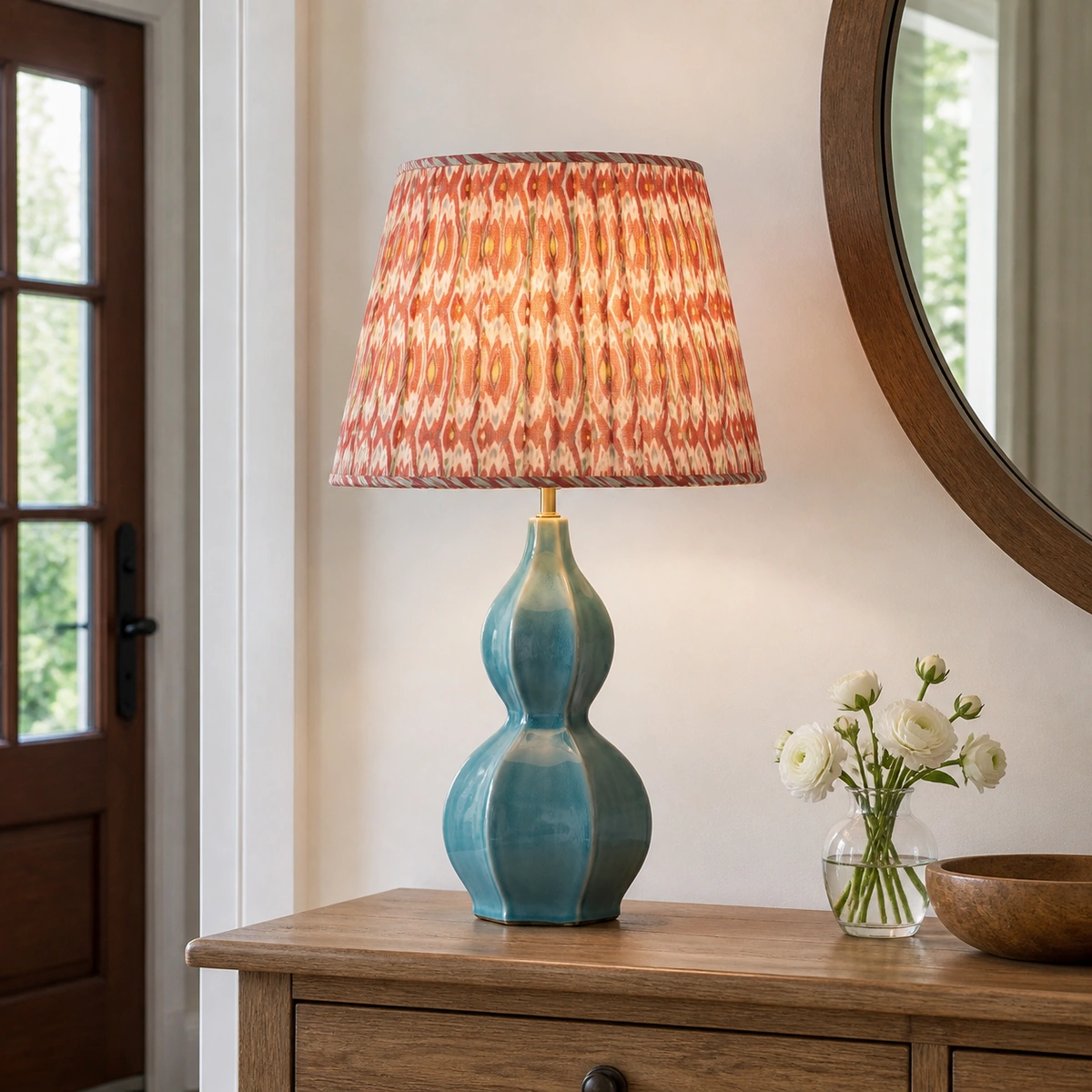 Delia Modern Artistic Green Gourd Lamp Ceramic Linen Fabric Table Lamp in a Entryway