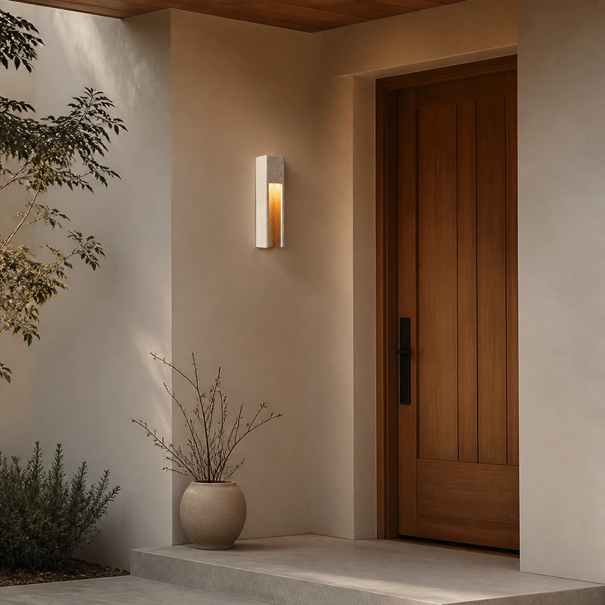 Zoey Minimalist Indoor-Outdoor Travertine Patio Wall Sconce in Covered entry - Ivory