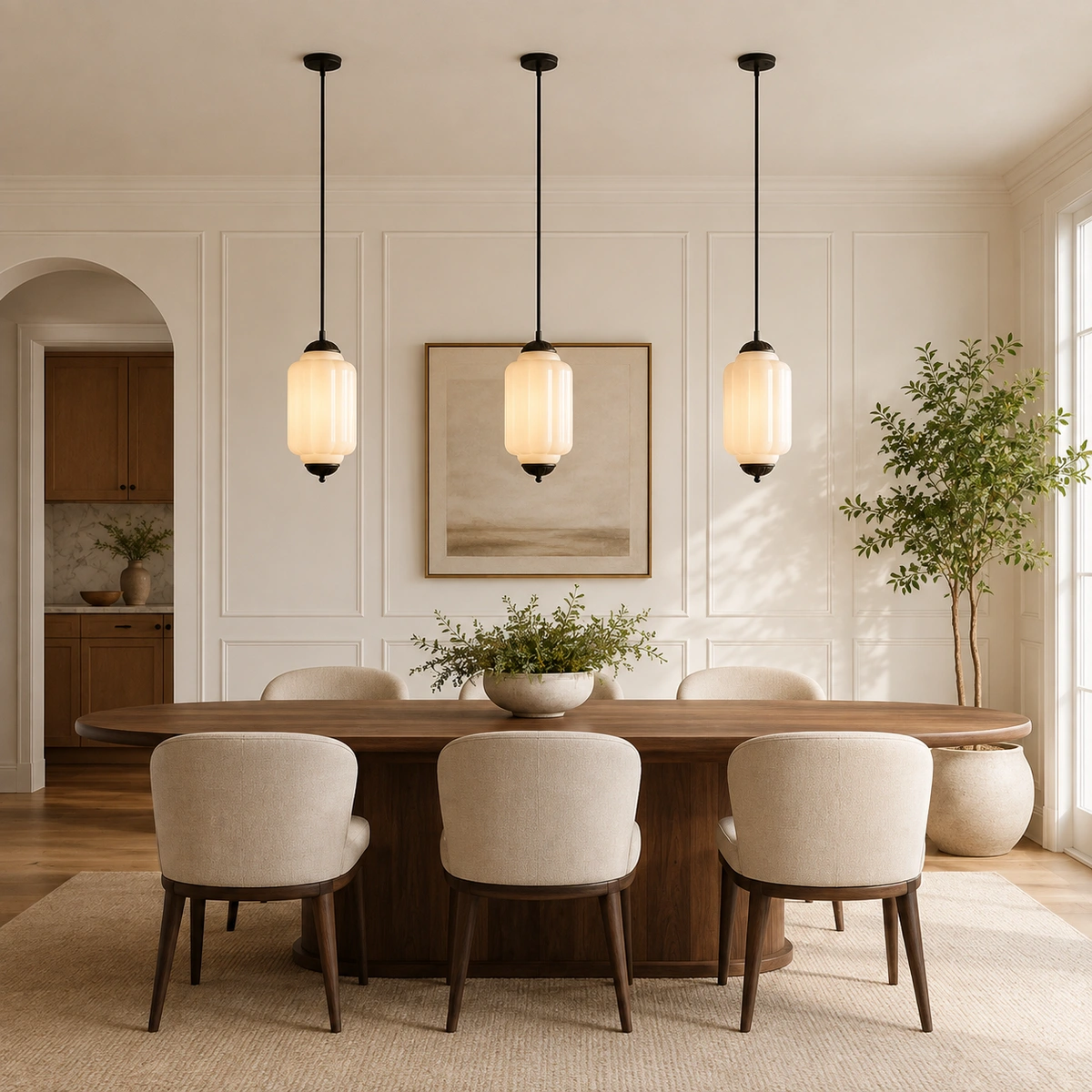Lumi Milk Glass Eloise Milk Glass Shade Dining Room Pendant Light in a dining room