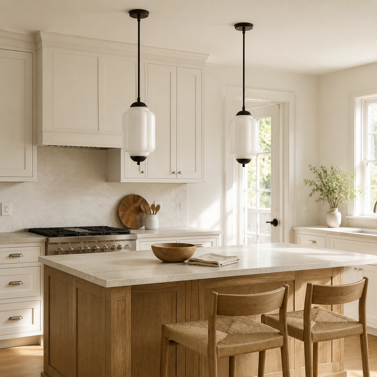 Lumi Milk Glass Eloise Milk Glass Shade Dining Room Pendant Light in a kitchen island