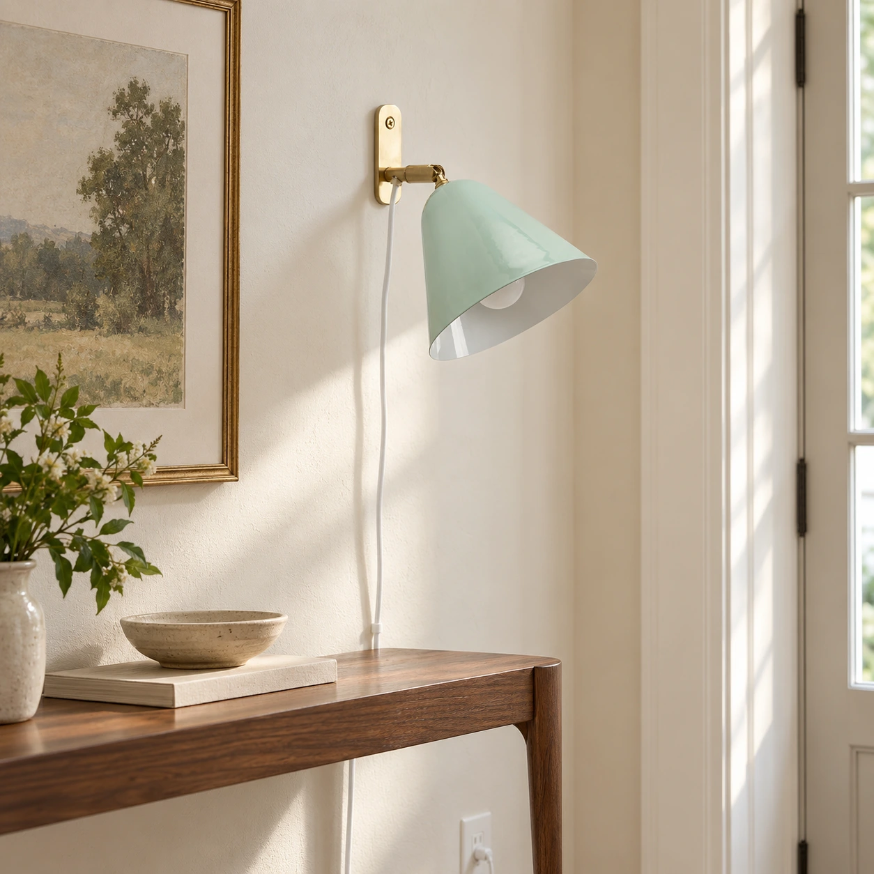 Aqua Green Phrike wall sconce above a walnut entry console