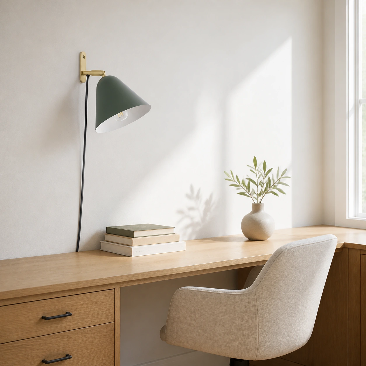 Eucalyptus Phrike wall sconce above a home office desk