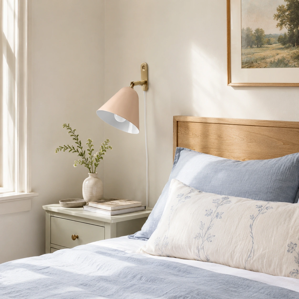 Blush Pink Phrike wall sconce in a bright guest bedroom