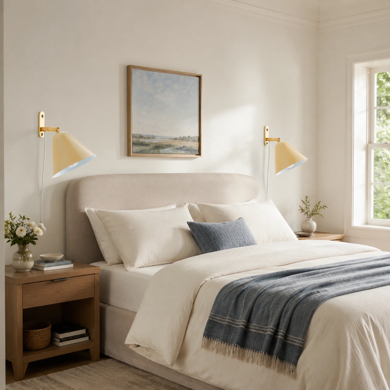 Two parallel Vanilla Phrike wall sconces installed beside a king bed