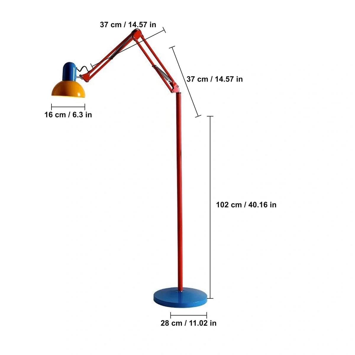 16 cm Shade · 28 cm Base · 102 cm Pole · 37 cm Arms