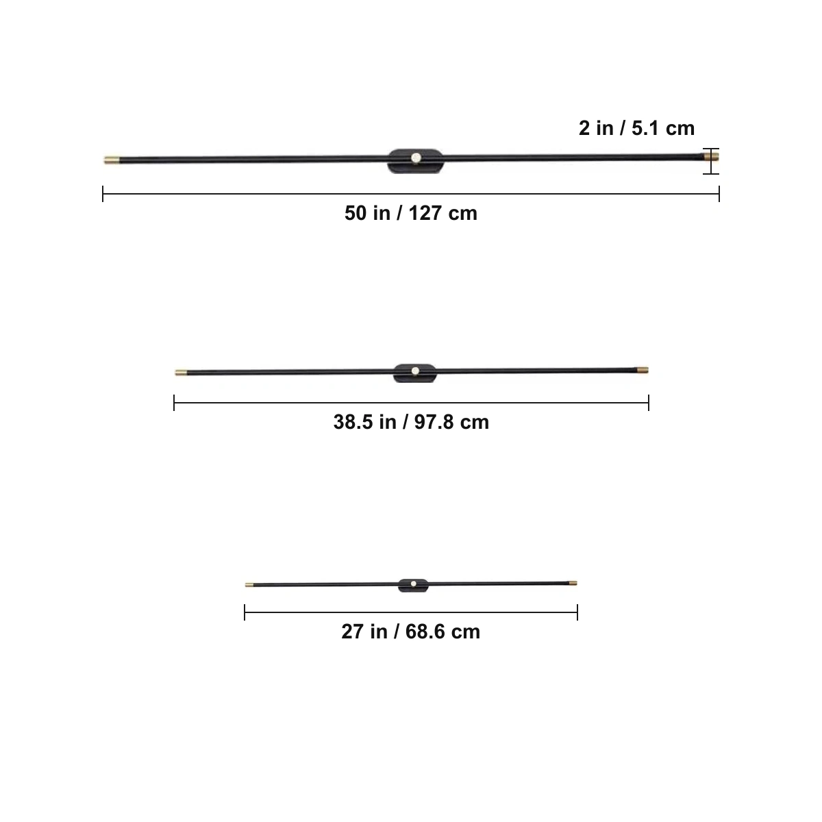 27 / 38.5 / 50 in lengths · 2 in height